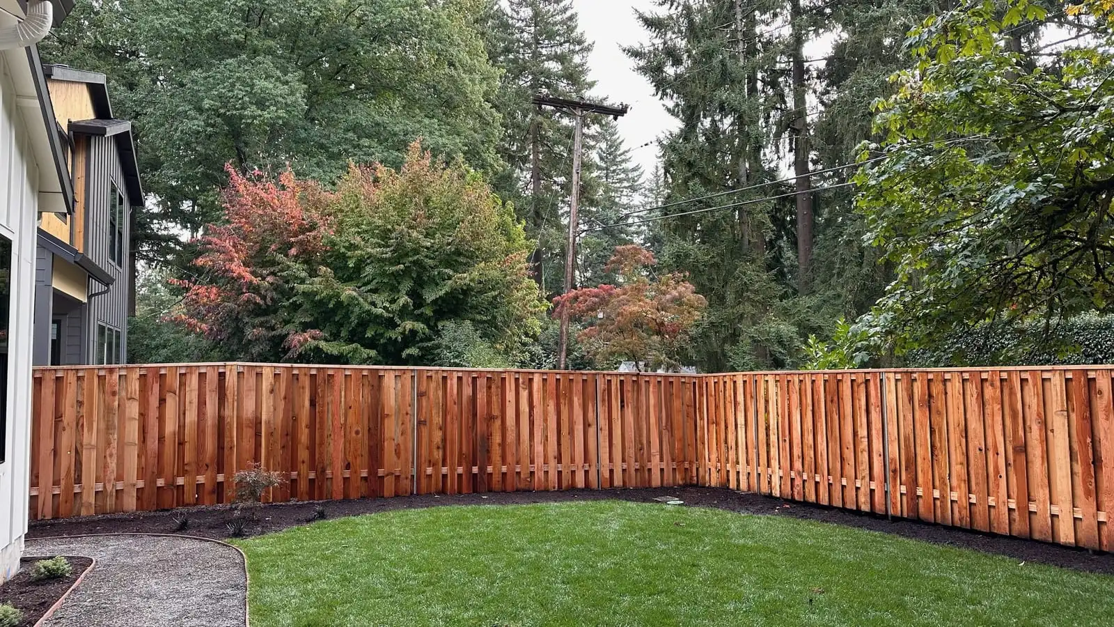 Stained shadowbox wood fence around a curved backyard lawn