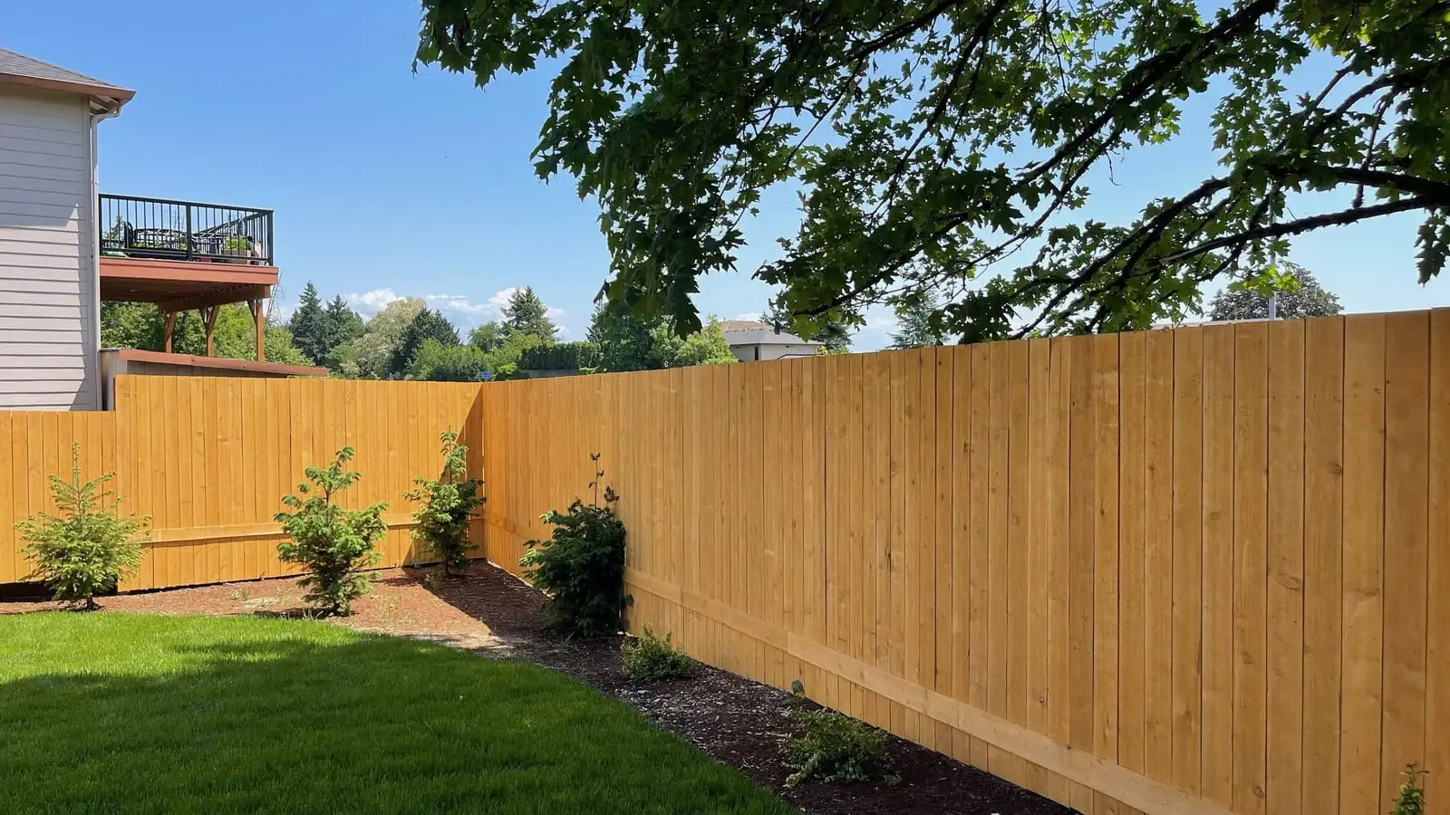 Tall cedar privacy fence around a landscaped backyard lawn in Vancouver, WA