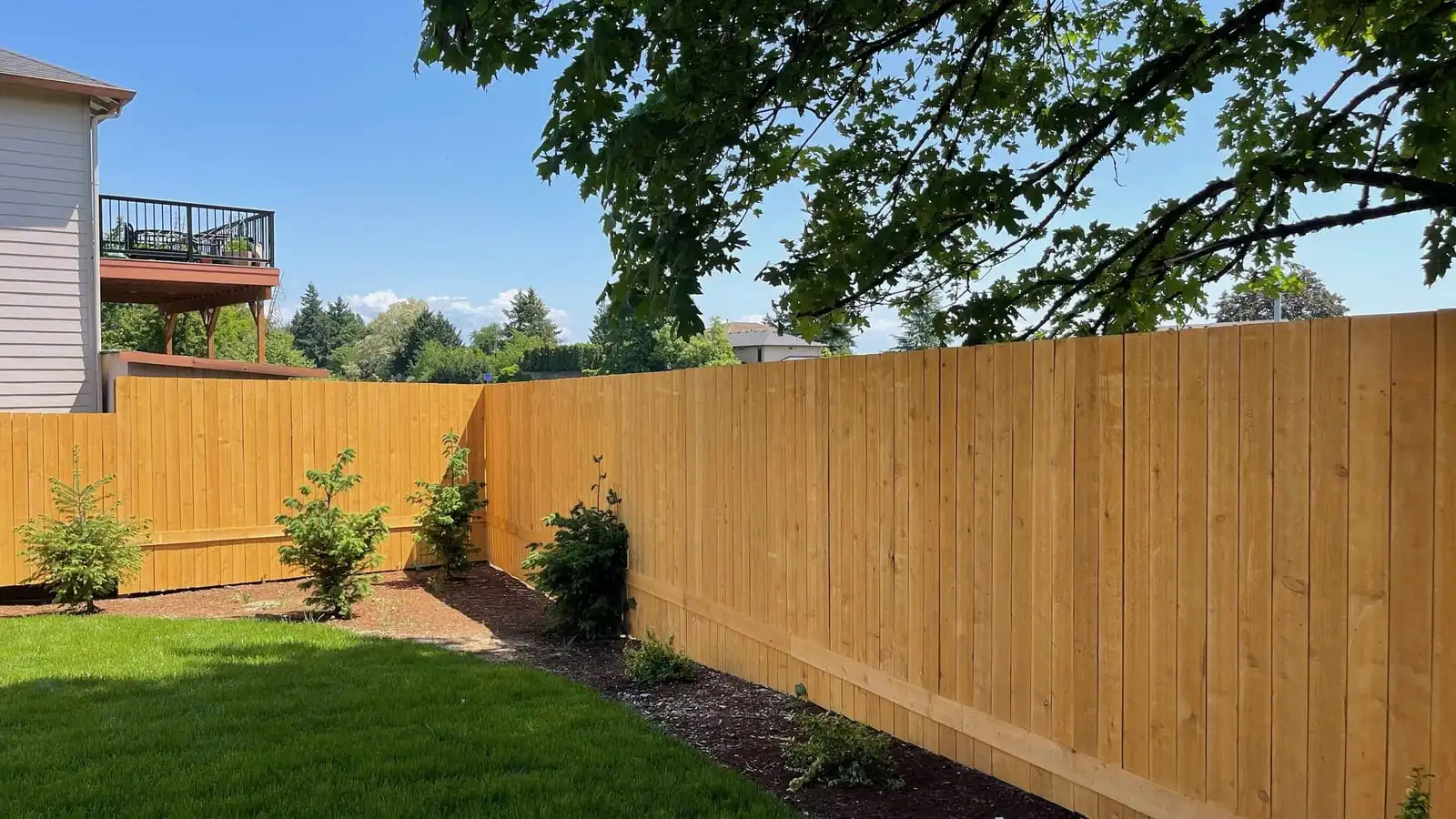 Tall cedar privacy fence around a landscaped backyard lawn in Vancouver, WA